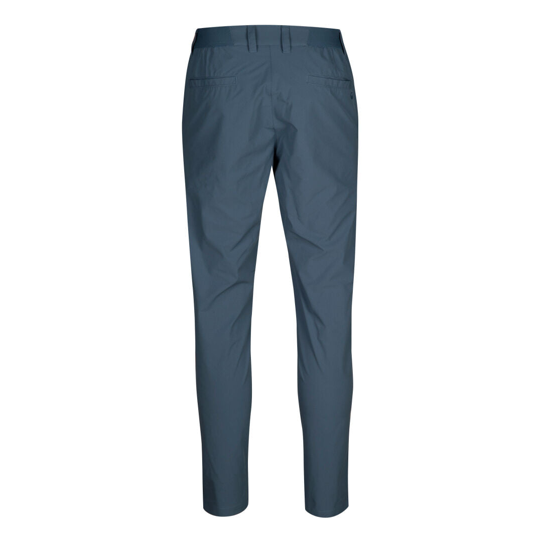 Back view of Halti Drive X-stretch Chinos Men's in blue, with belt loops, 2 back pockets, and quick-dry stretch fabric.