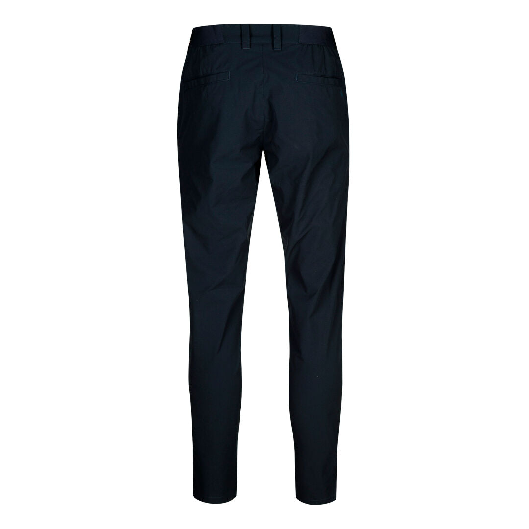 Back view of Halti Drive X-stretch Chinos Men's in black, with belt loops, back welt pockets, and quick-dry stretch fabric.