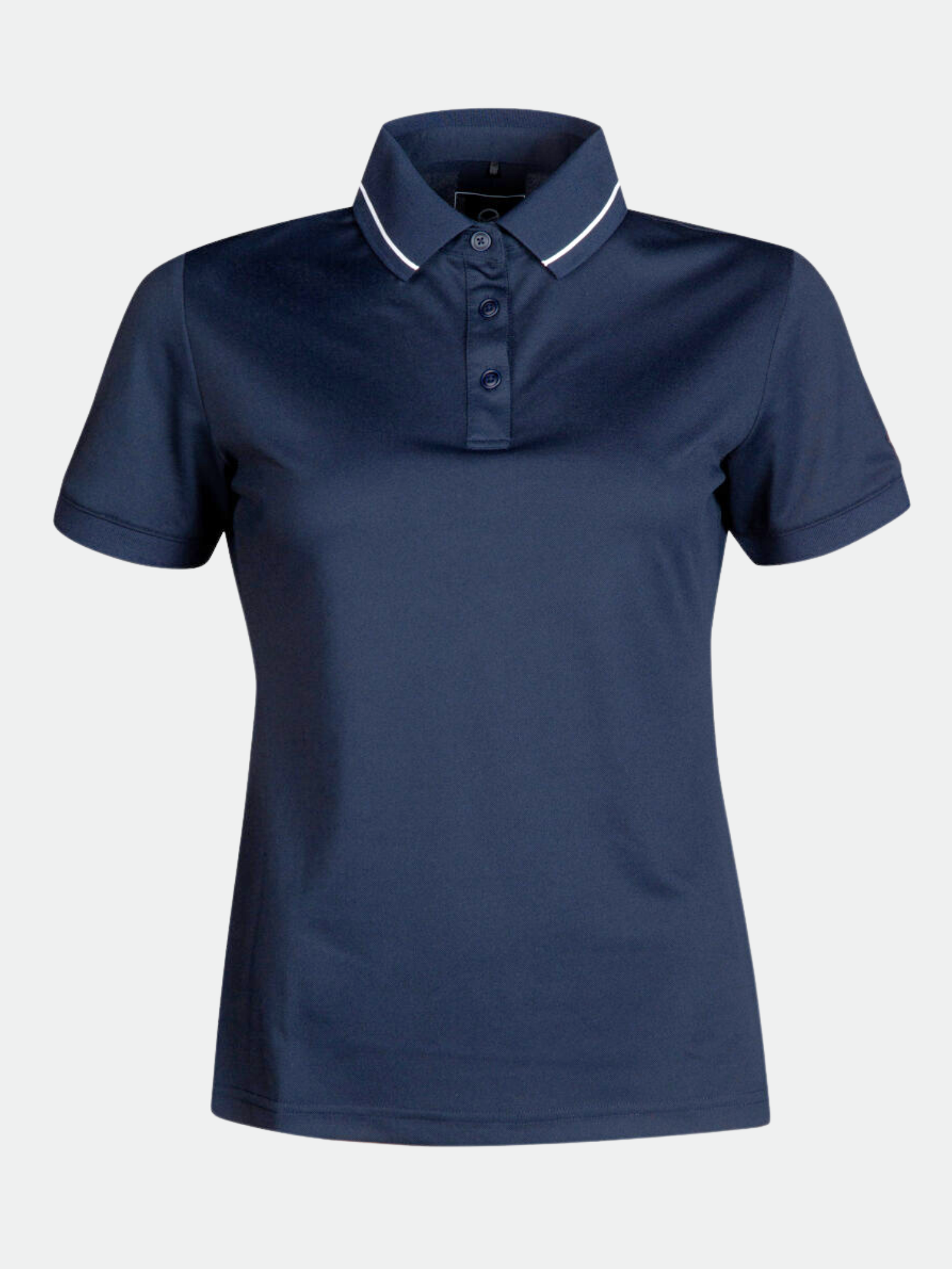 The Halti Laine Technical Polo Shirt Women's in navy features breathable fabric and a white-trimmed collar.