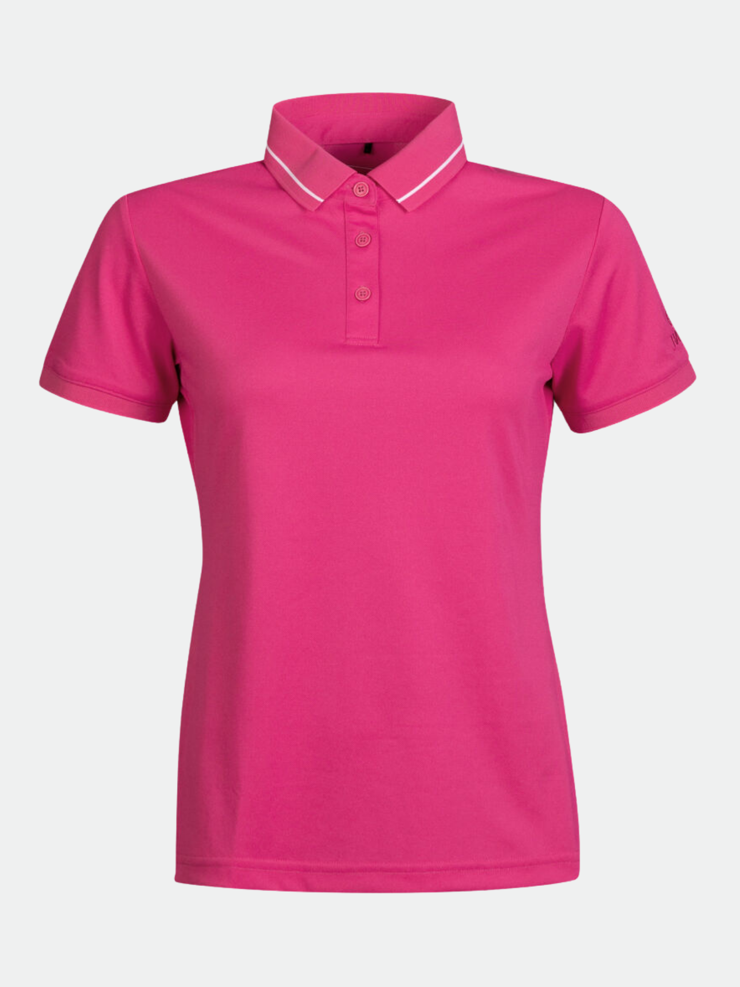 Halti Laine Technical Polo Shirt for women in bright pink, with white trim and a three-button collar.