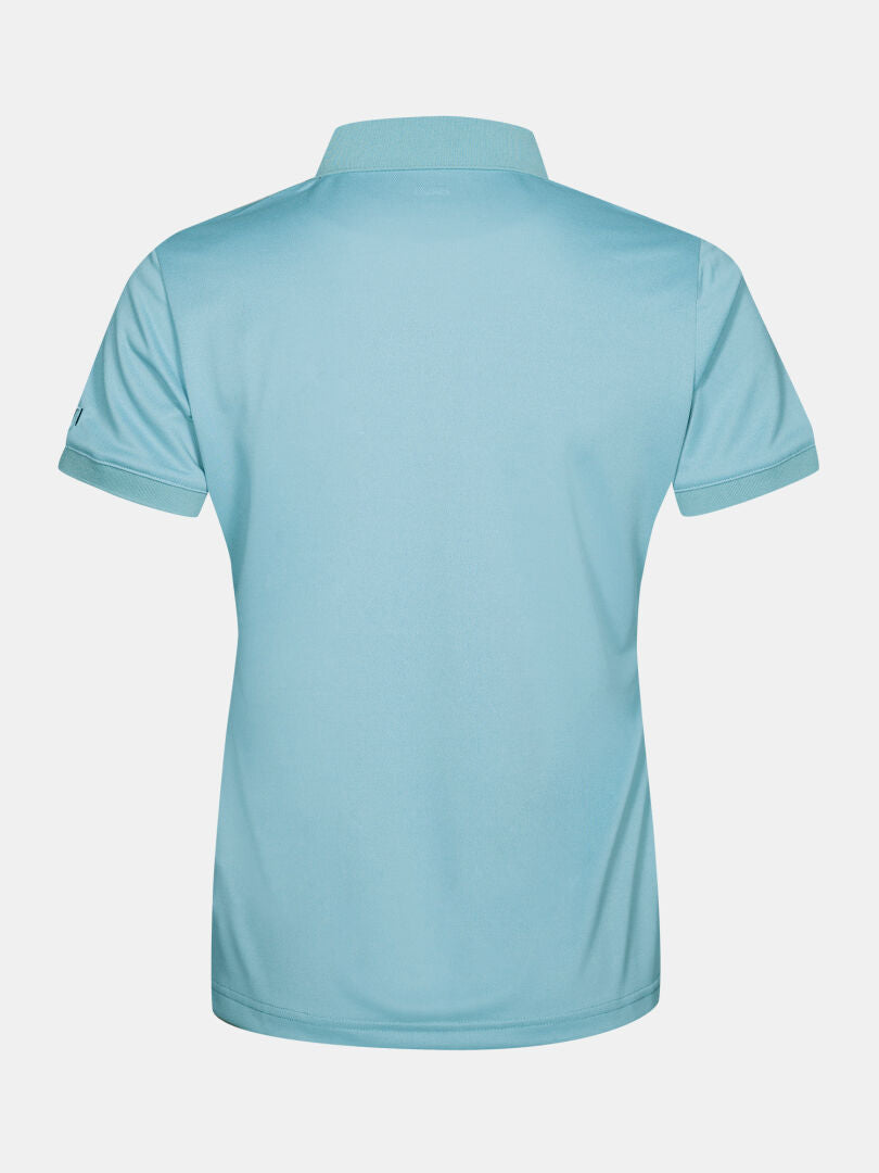 Back view of Halti Laine Technical Polo Shirt Women's in light blue, made from breathable fabric, on plain background.