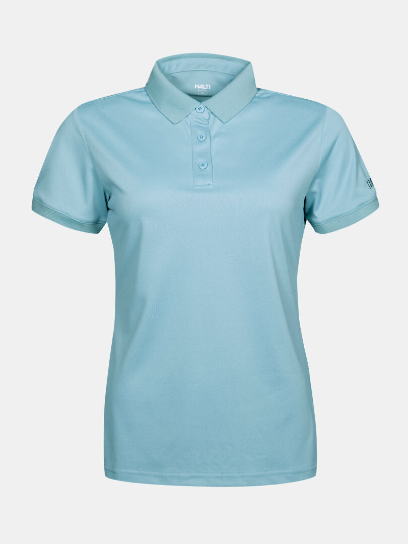 Halti Laine Technical Polo Shirt for women in light blue, breathable fabric with collar and three buttons, on white background.