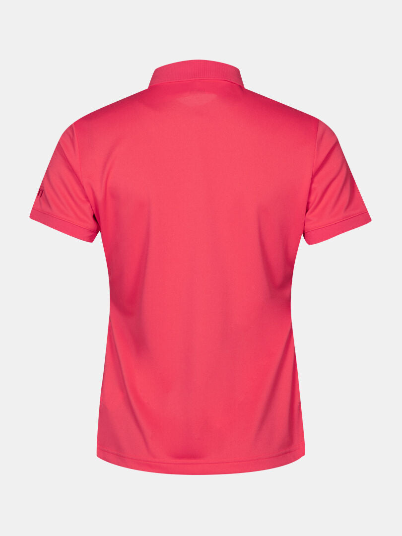 Back view of Halti Laine Women's Technical Polo Shirt in bright pink, made from breathable fabric, on white background.