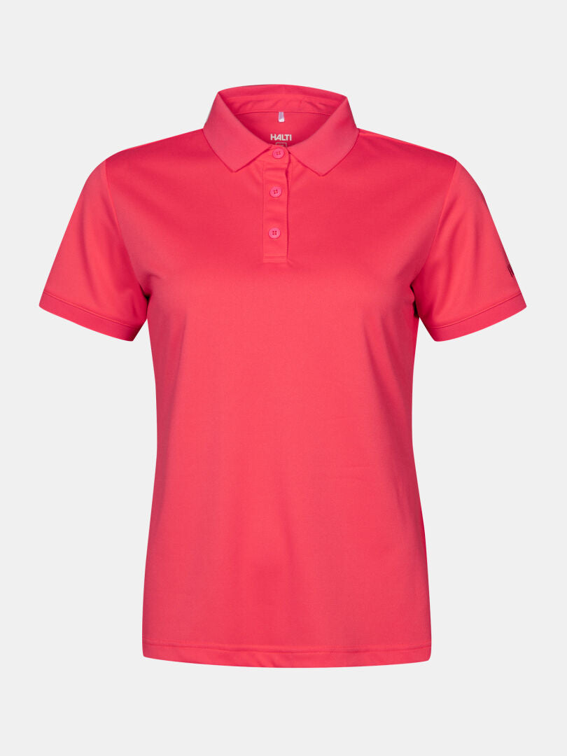 Halti’s Laine Technical Polo Shirt for women in bright pink has a collar, short sleeves, and breathable fabric.