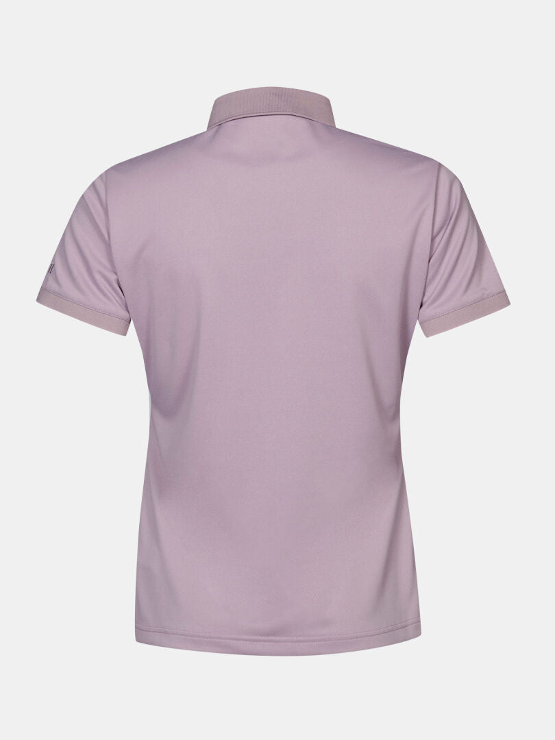 Back view of Halti Laine Technical Polo Shirt Women's in light purple, featuring a collar and breathable material.