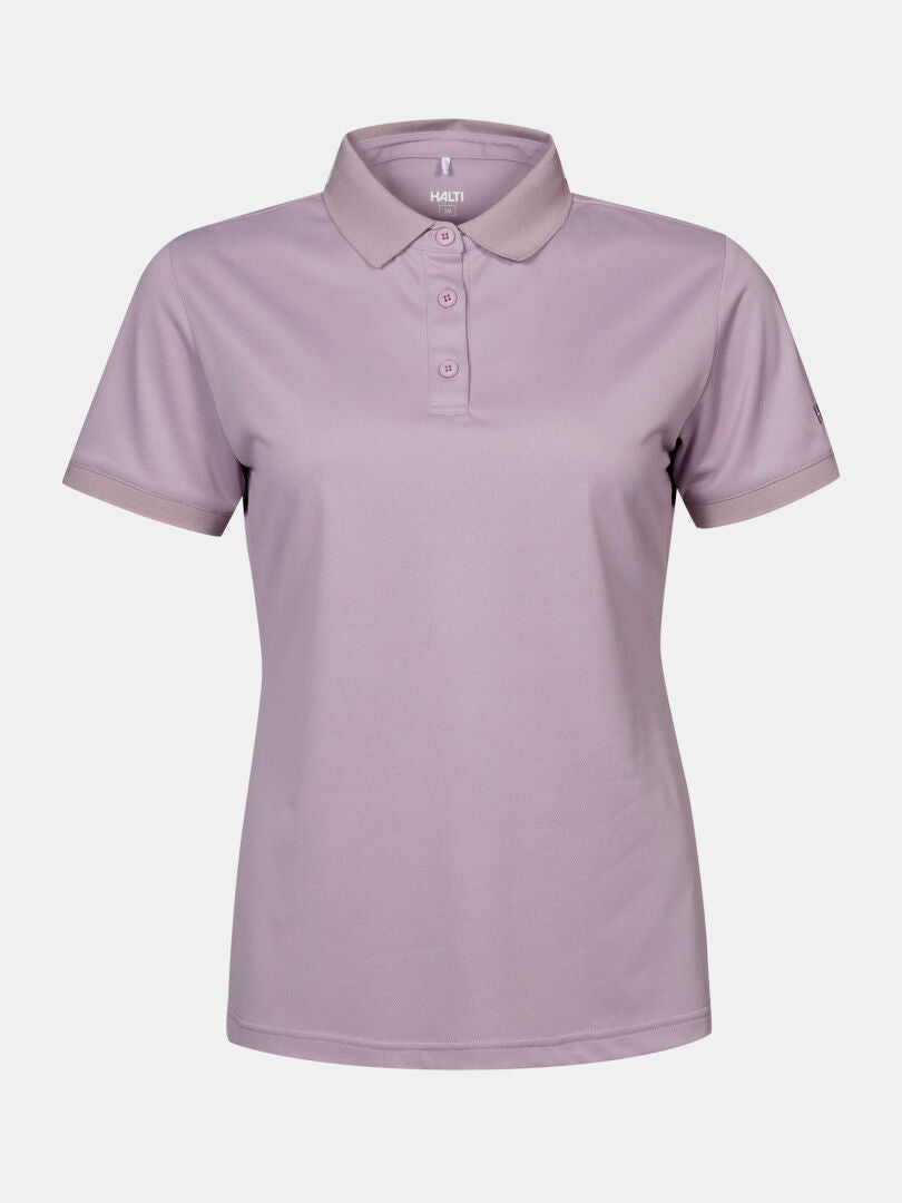 Halti Laine Technical Polo Shirt Women's in lavender with a collar, three buttons, and breathable fabric.