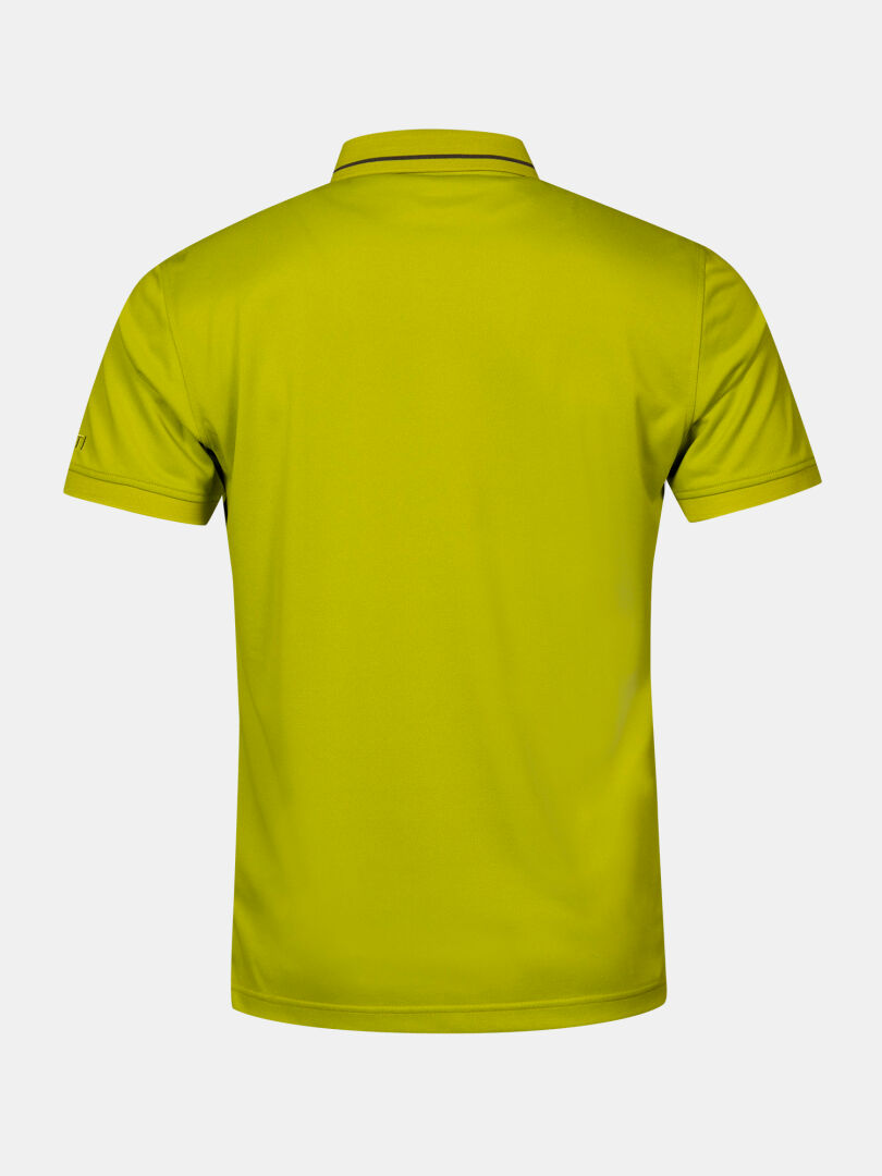 Back view of Halti Laine Technical Polo Shirt Men's in bright yellow-green with collar on white background.