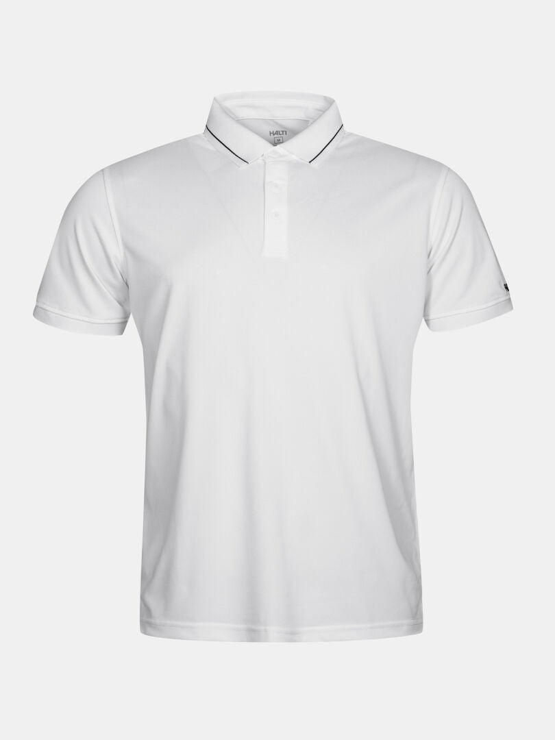 Halti Laine Technical Polo Shirt Men's: white, breathable, short sleeves, collar with black trim, three buttons.