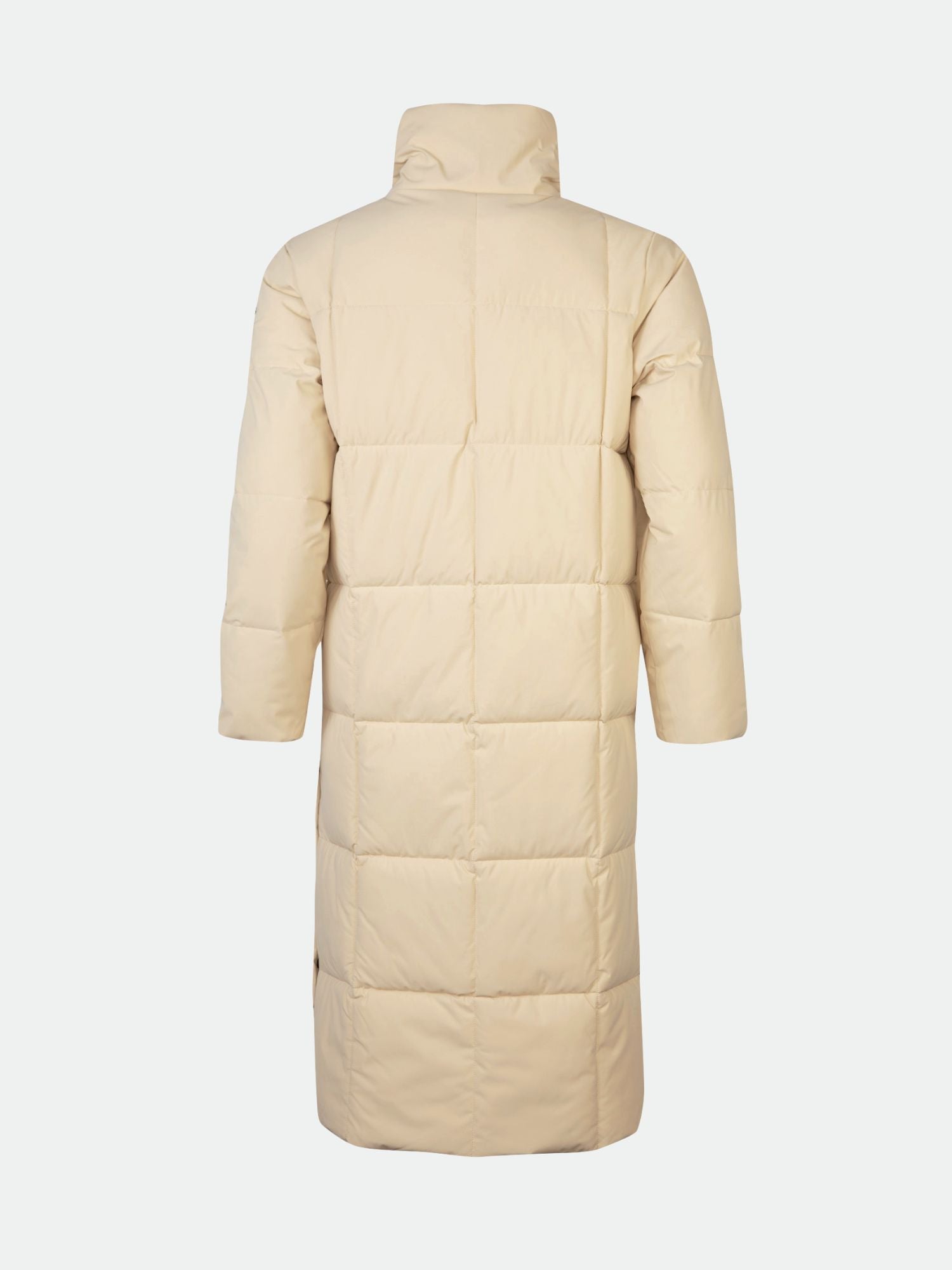 The Halti Penger Winter Jacket Women's in beige features a quilted pattern, high collar, and long sleeves, shown from the back.
