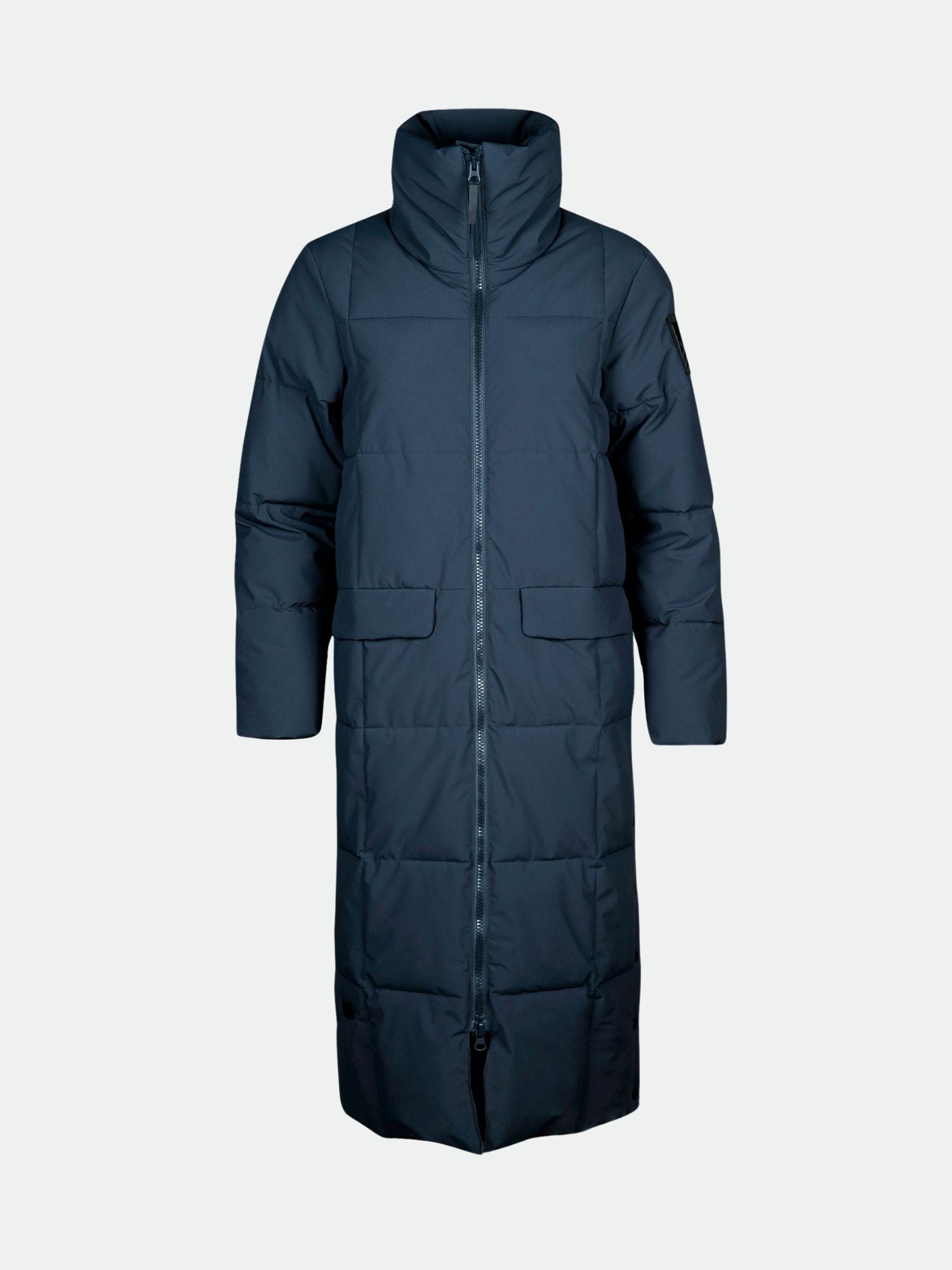 Halti Penger Winter Jacket Women's in dark blue with high collar, front zipper, quilted stitching, and large pockets.