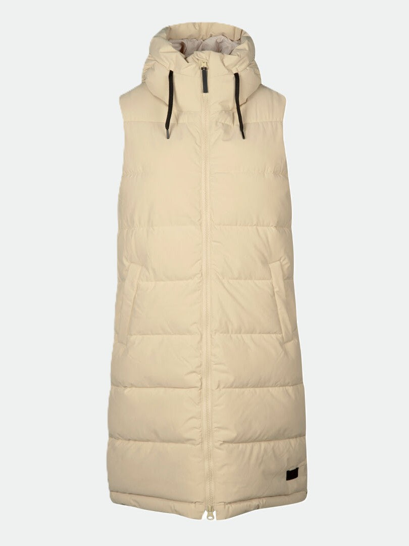 Halti Penger Puffer Vest Womens: beige, sleeveless, hooded, recycled polyester, zipper front, and side pockets.