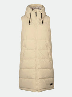 Halti Penger Puffer Vest Womens: beige, sleeveless, hooded, recycled polyester, zipper front, and side pockets.