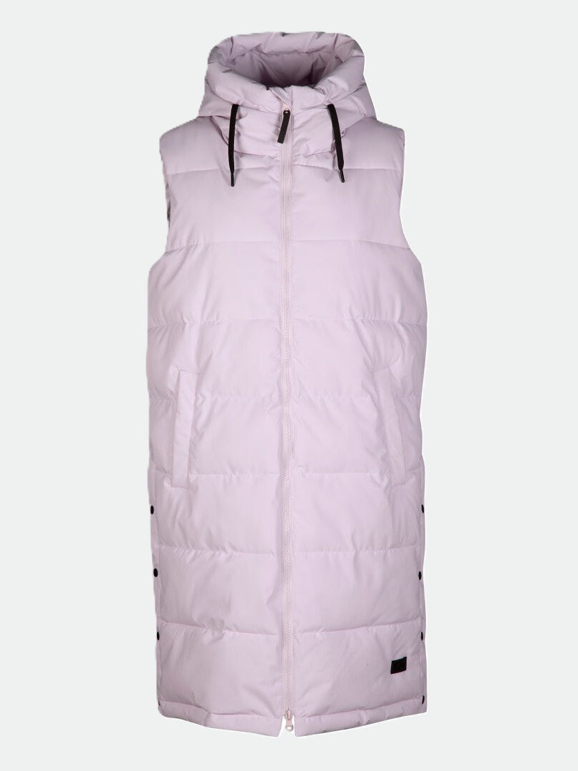 Halti Penger Puffer Vest Womens: sleeveless, light pink, recycled polyester, hooded, zip front & side snaps.