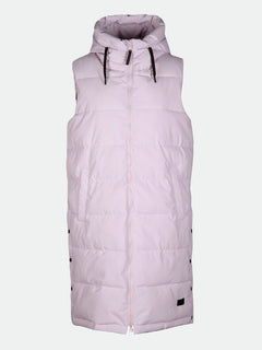 Halti Penger Puffer Vest Womens: sleeveless, light pink, recycled polyester, hooded, zip front & side snaps.