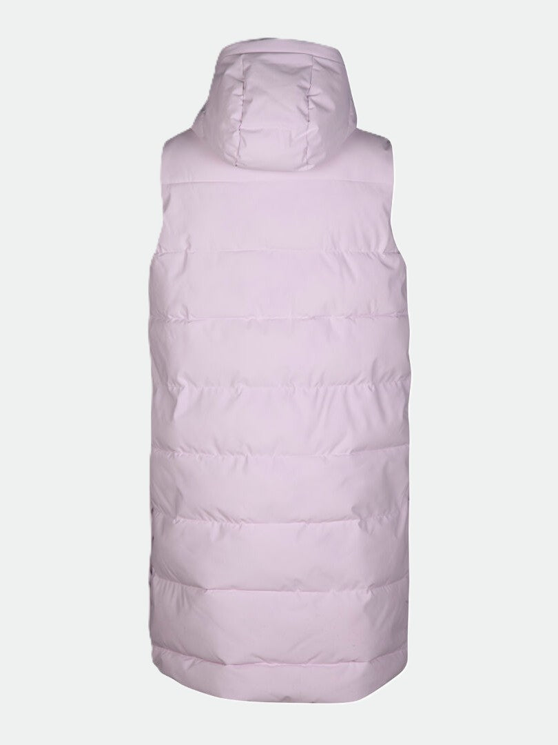 Back view of Halti Penger Puffer Vest Womens in light pink, sleeveless, hooded, recycled polyester with quilting.