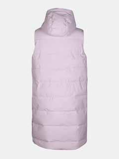 Back view of Halti Penger Puffer Vest Womens in light pink, sleeveless, hooded, recycled polyester with quilting.