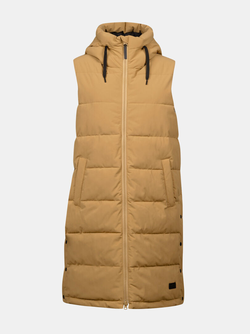 Halti Penger Puffer Vest Women's: tan, sleeveless, hooded, windproof, zip front, pockets, recycled polyester.