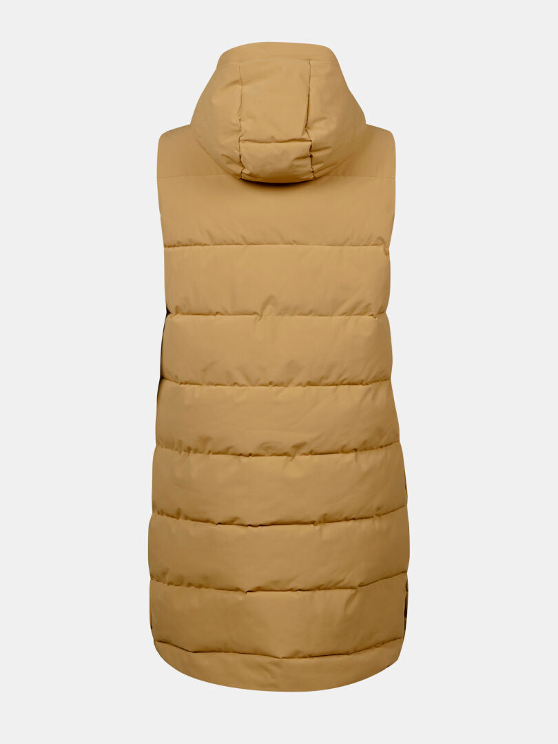 Halti Penger Puffer Vest Women's—tan, hooded, sleeveless, recycled polyester; back view on white.