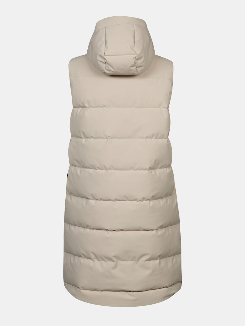 Back view of Halti Penger Women’s beige puffer vest with horizontal stitching on a plain white background.