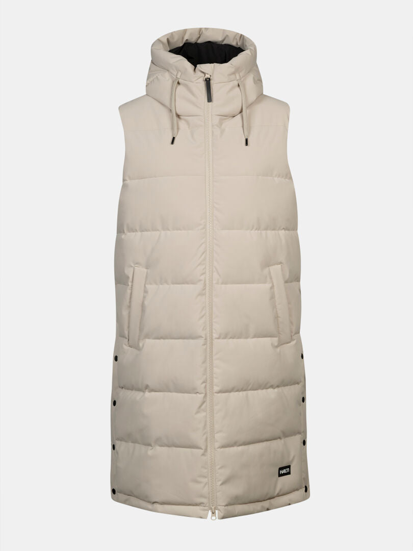 Halti Penger Puffer Vest Women’s: beige, hooded, sleeveless, side snap buttons, front zipper closure.