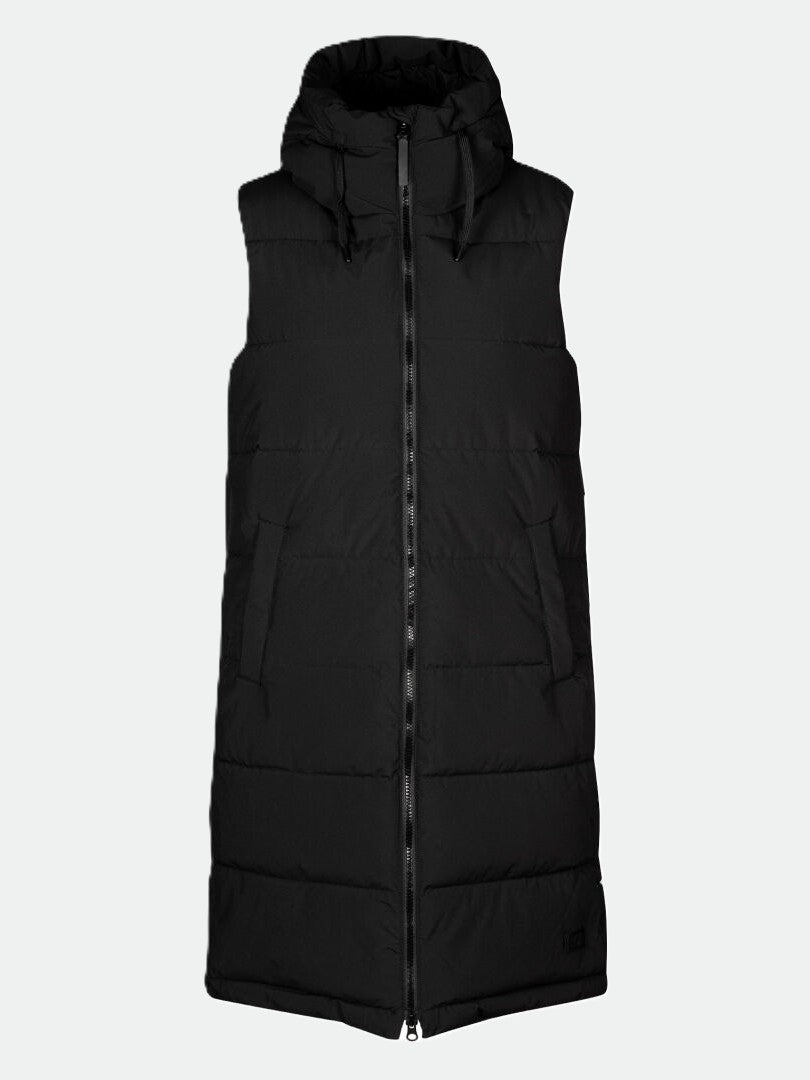 Halti Penger Puffer Vest Womens: black, windproof, recycled polyester, hooded, front zipper, two pockets.