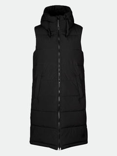 Halti Penger Puffer Vest Womens: black, windproof, recycled polyester, hooded, front zipper, two pockets.