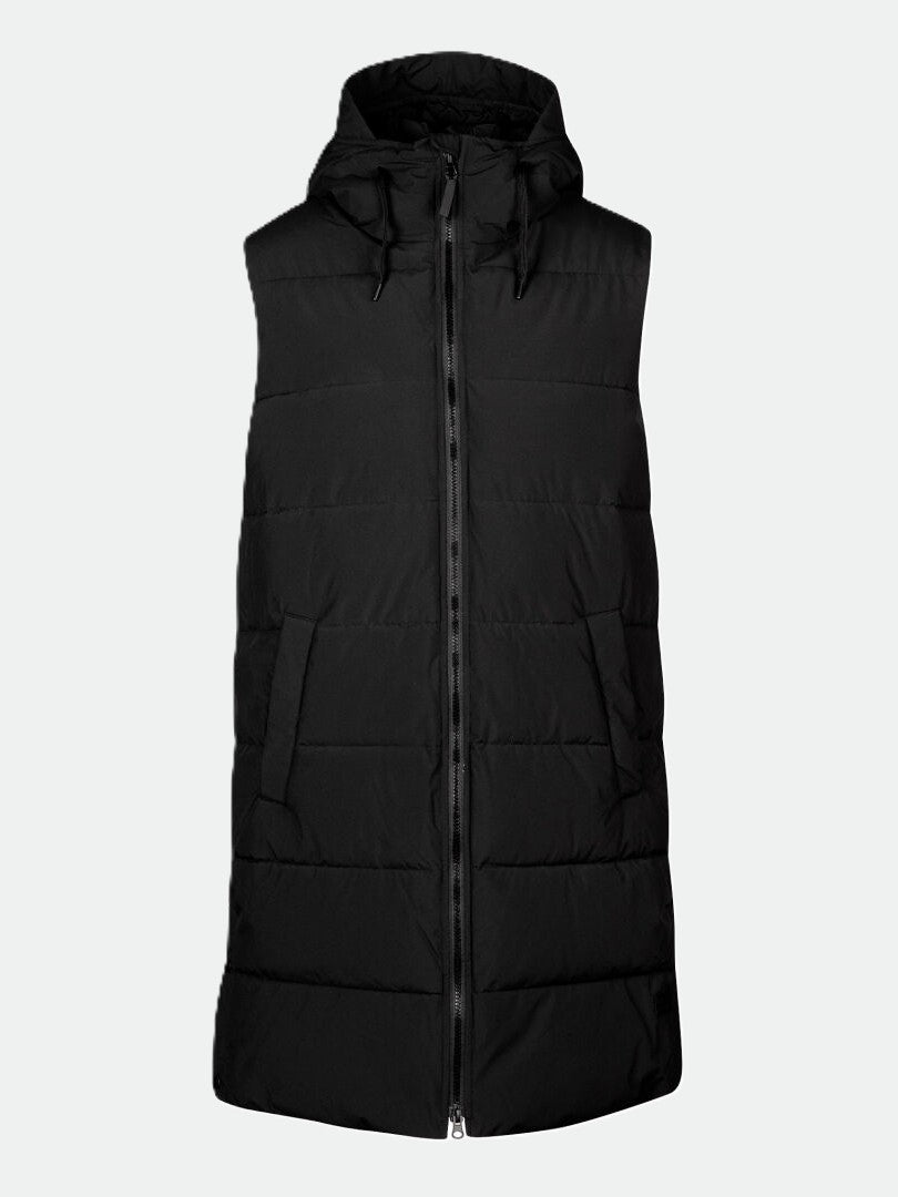 Halti Penger Puffer Vest Mens: sleeveless black DrymaxX Lite vest with hood, front zipper & horizontal quilting.