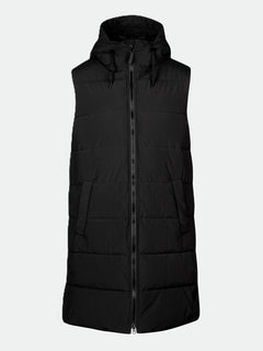 Halti Penger Puffer Vest Mens: sleeveless black DrymaxX Lite vest with hood, front zipper & horizontal quilting.