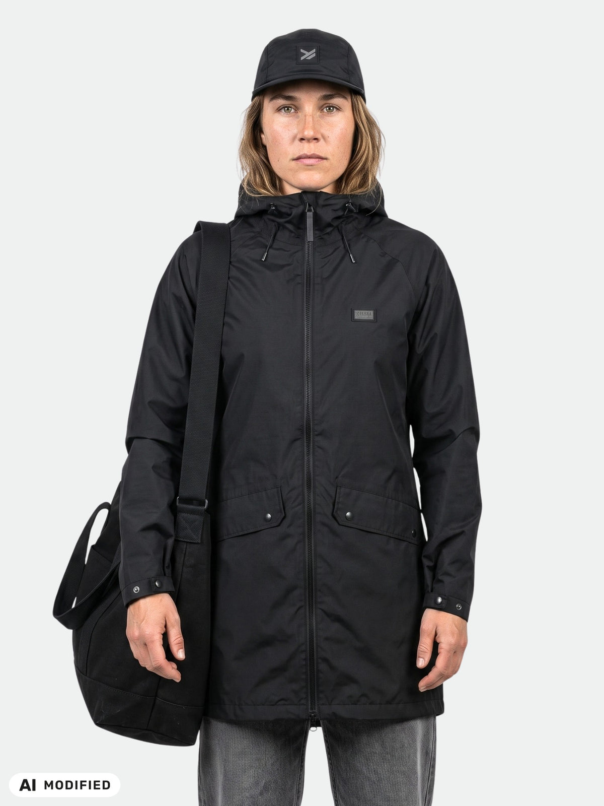 Woman wearing Halti Kevee Parka Jacket, black cap, and shoulder bag stands against a plain background.