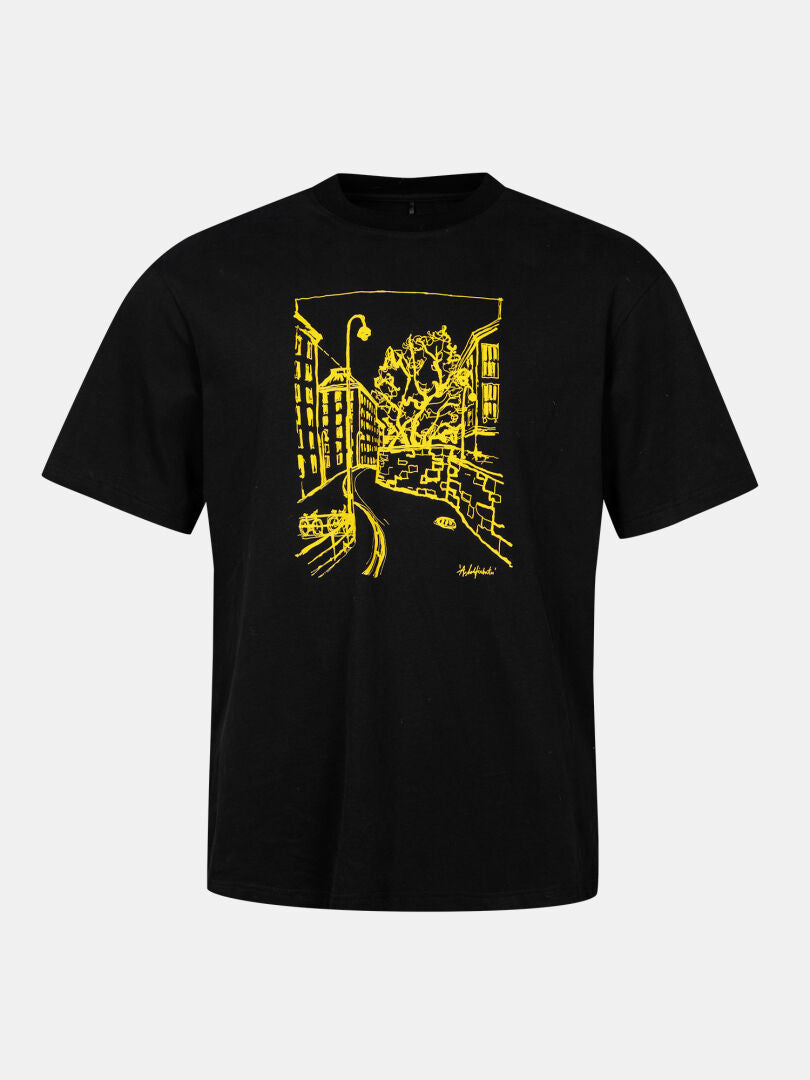 Halti Skaltsi Unisex T-shirt, black, oversized, with yellow city street line art; part of Kallio collection.