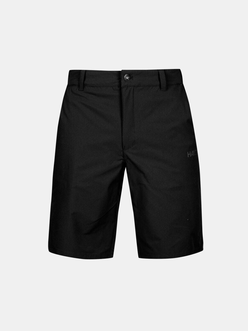 Halti Drive X-stretch Men's black knee-length shorts with belt loops and button closure, ideal for breathable summer wear.