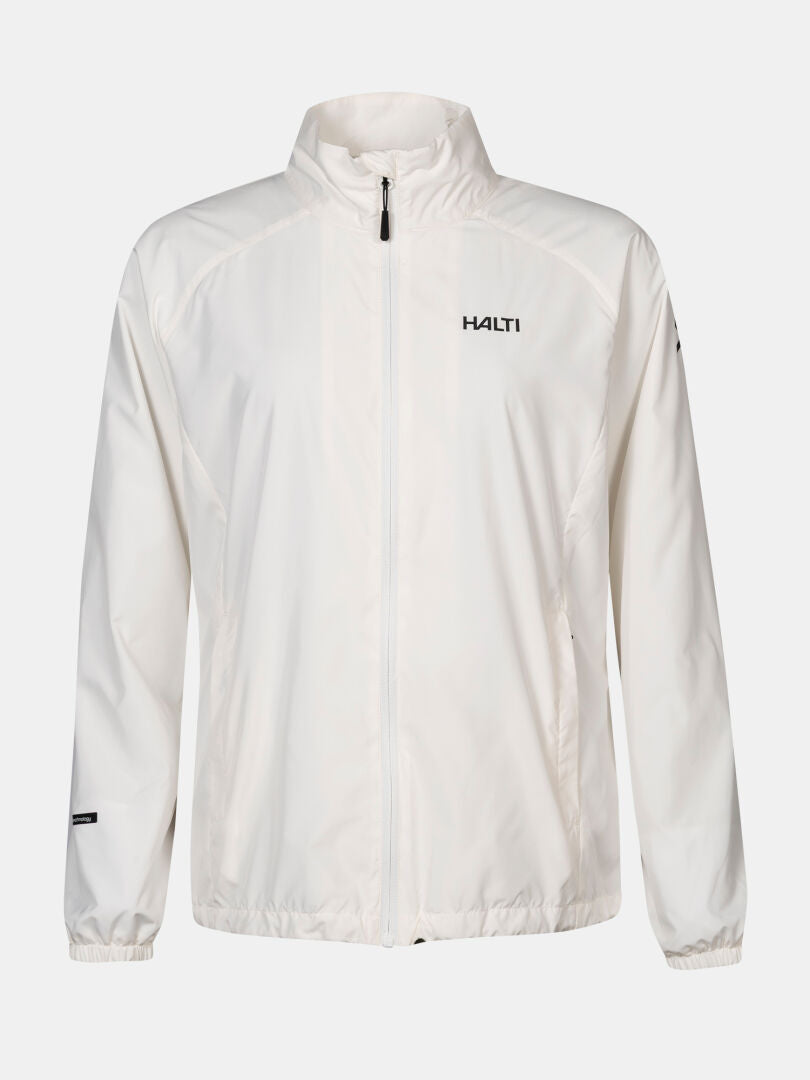 The Halti Saime Windbreaker Jacket Women's is a lightweight white jacket with long sleeves and windproof fabric.
