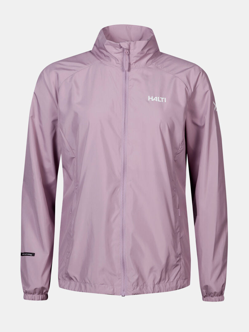 The Halti Saime Windbreaker Jacket Women's is a light purple, long-sleeve, windproof jacket with logo on chest.