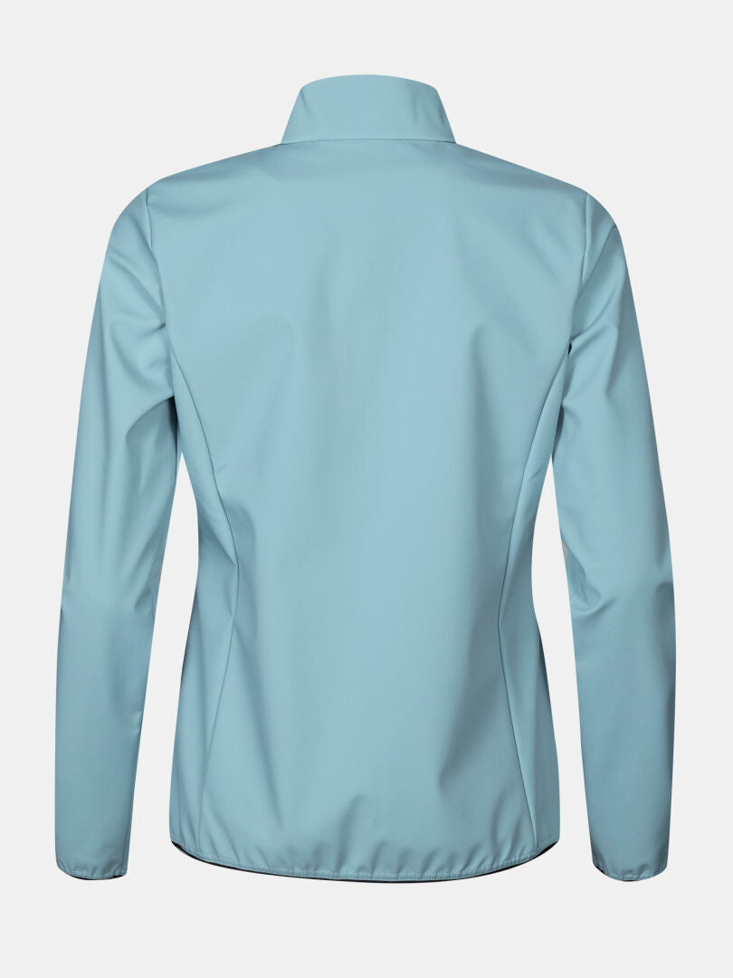 Back view of Halti's Wedge Softshell Jacket Women's in light blue, lightweight, with stand collar, made from recycled materials.