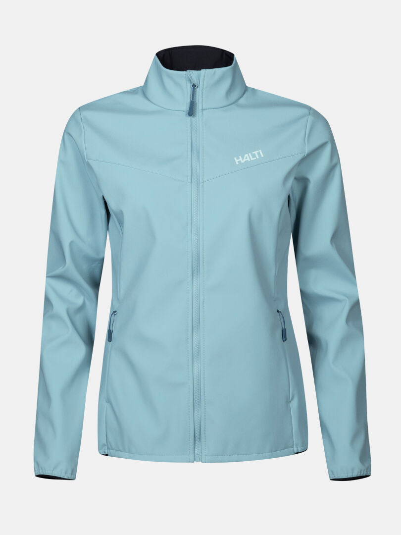 Halti Wedge Softshell Jacket Women's: light blue, windproof, zip pockets, recycled materials for outdoor comfort.