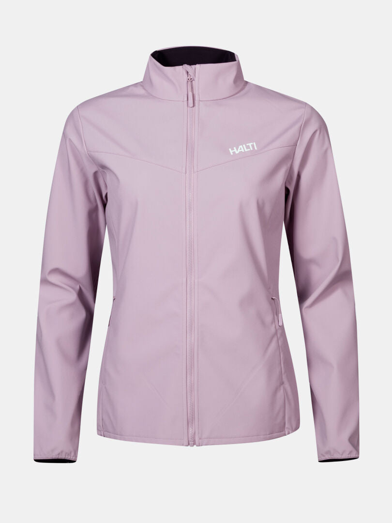 Halti Wedge Softshell Jacket Women's in light purple, windproof with long sleeves, high collar, and logo on left chest.