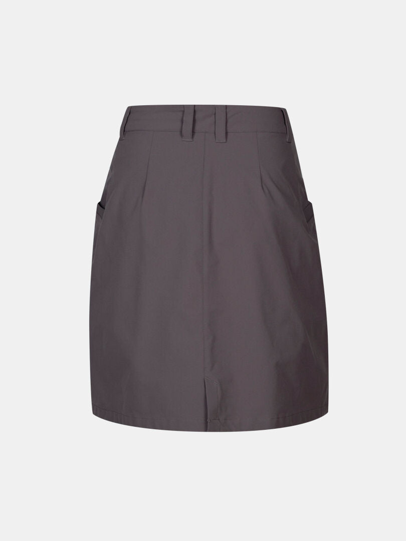 Halti Drive X-stretch Women's Plus dark gray golf skort, knee-length, with belt loops and side pockets on white background.