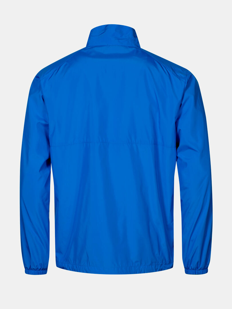 The Saime Windbreaker Jacket Men's by Halti is shown from the back in bright blue with a stand-up collar and elastic cuffs.
