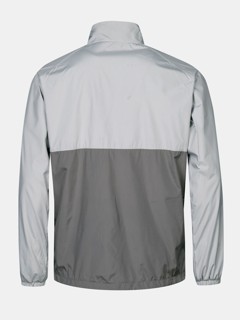 Back view of Halti Saime Windbreaker Jacket Men's in light and dark gray, water-repellent, with long sleeves.