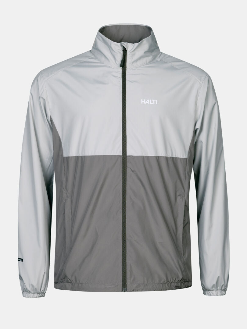 The Halti Saime Windbreaker Jacket Men's is a two-tone gray, water-repellent zip-up with high collar and chest logo.