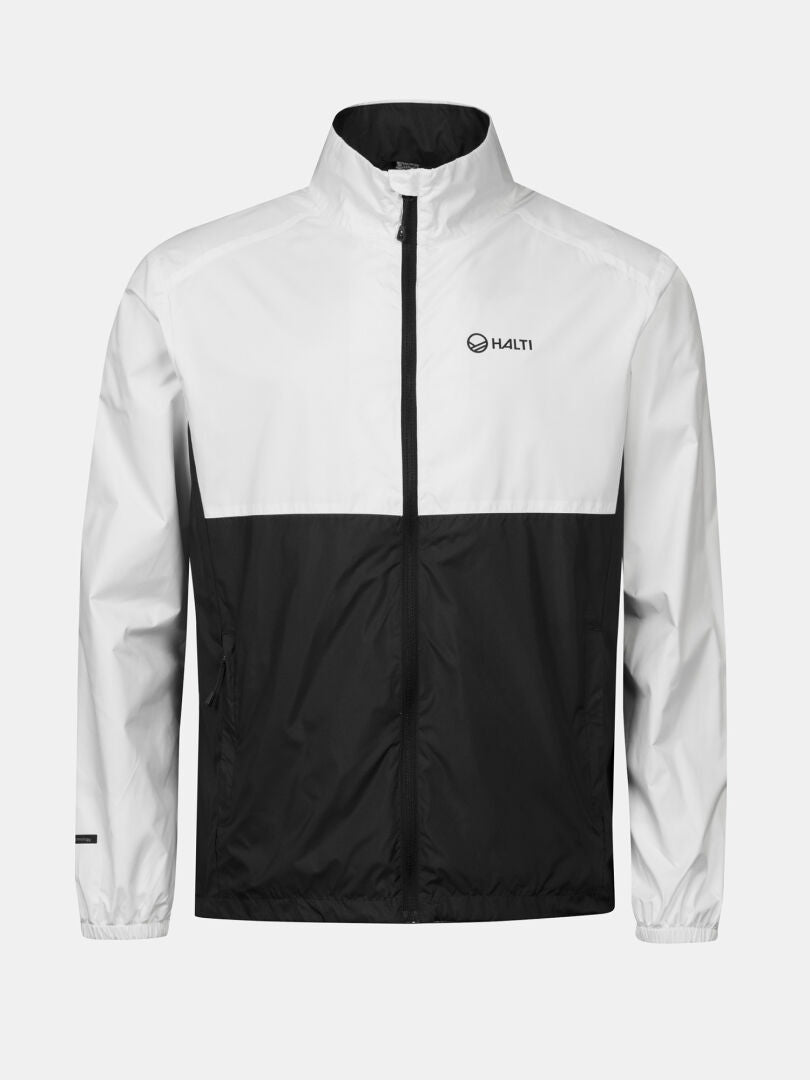 Halti Saime Men's Windbreaker: black and white, windproof, stand collar, elastic cuffs, logo on chest.