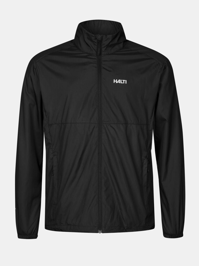 The Halti Saime Men's windbreaker is black, windproof, long-sleeved, recycled, and features a stand-up collar.