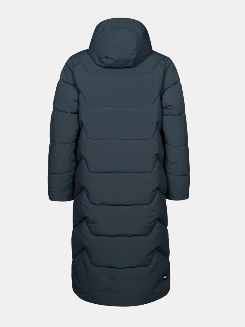 The Halti Brahe Puffer Long Winter Jacket Women's, recycled polyester, hooded, shown from the back on white.