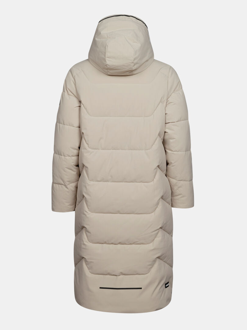 Halti Brahe Puffer Long Winter Jacket for women in beige, back view with hood, on a plain white background.