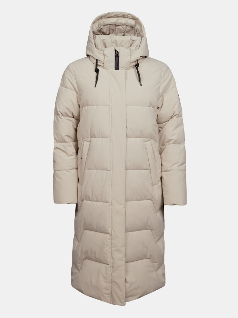 Halti Brahe Puffer Long Winter Jacket for women in beige, with hood, front zip, and pockets.