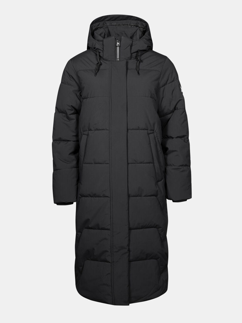 Halti Brahe Puffer Long Winter Jacket for women with hood, front zipper, and pockets on a plain white background.