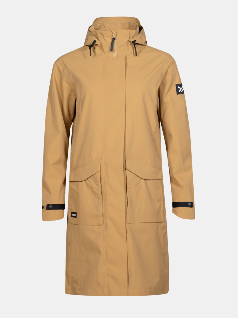 Halti Tokoi II DX Parka Jacket Women’s: tan, waterproof, zip & snap front, large pockets, black logo patch on sleeve.