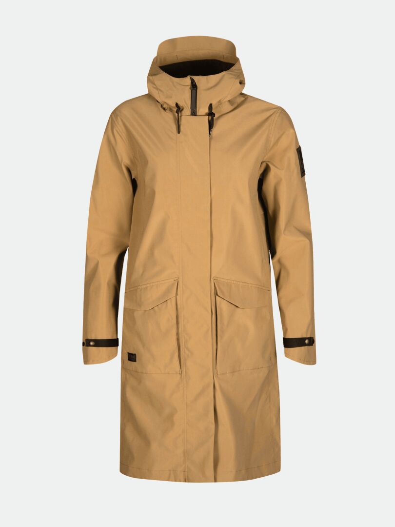 The Halti Tokoi II DX Parka Jacket Womens is a tan, knee-length urban raincoat with hood, zip, big pockets & adjustable cuffs.