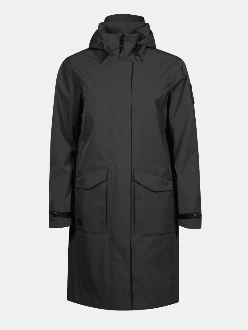 Halti Tokoi II DX Parka Jacket Womens: black, hooded, front zipper, flap pockets, adjustable cuffs.
