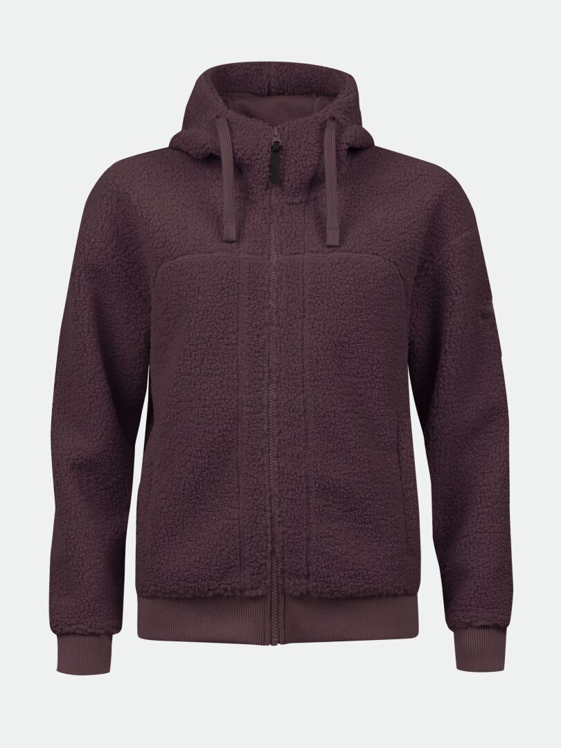 Halti Lykky Fleece Jacket Womens—shearling-texture, zip hood, long sleeves, and ribbed cuffs on display.